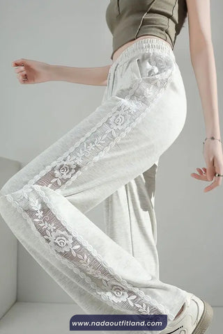 Elastic Waist Side Lace Floral Transparent Sweatpants