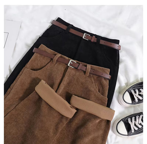 High Waist Long Corduroy Pants With Belt