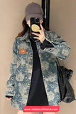 Long Sleeve Retro Flowers Pattern Denim Blouse Shirt