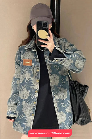 Long Sleeve Retro Flowers Pattern Denim Blouse Shirt