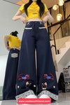 Cartoon Embroidered With Plaid Patchwork Loose Pants