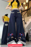 Cartoon Embroidered With Plaid Patchwork Loose Pants