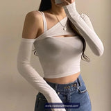 Long Sleeve Sexy One Shoulder Cropped Slim Shirt