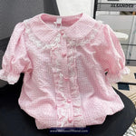 Short Sleeve Cute Sweet Plaid Lace Blouse Shirt