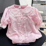 Short Sleeve Cute Sweet Plaid Lace Blouse Shirt