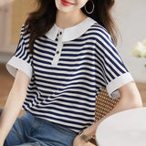 Retro Doll Collar Short Sleeve Striped Shirt