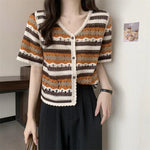 V-Neck Striped Embroidery Button Up Crochet Shirt