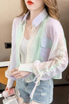 Long Sleeve Lace Tie Gradient Colors Cropped Shirt