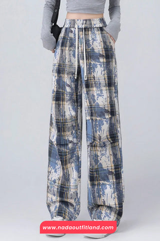 Elastic Waist Plaid Pattern Vintage Long Pants