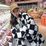 Loose Padded Checkered Plaid Fur Jacket