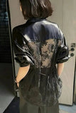 Long Sleeve Sexy Back Lace Transparent Satin Blouse Shirt 