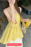 Loose Casual Yellow Plaid Irregular Style Tank Top