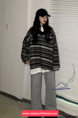 Loose V-Neck Retro Striped Sweater