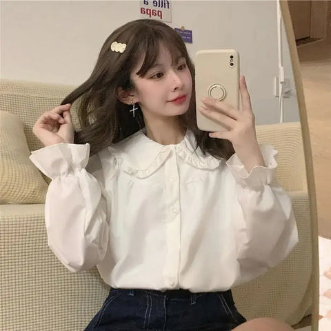 Long Sleeve Doll Collar Wrinkled Blouse Shirt