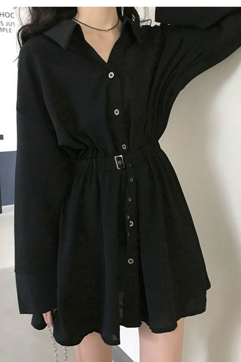 Long Sleeve Turn Down Collar Button Black Dress – Nada Outfit Land