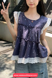 Sleeveless Hearts Printed Lace Patchwork Blouse Shirt