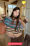 Long Sleeve Turn Down Collar Retro Pattern Sweater