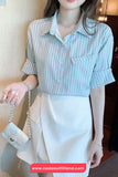 Short Sleeve Striped Pattern Office Blouse Shirt