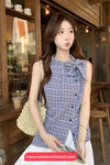 Sleeveless Vintage Plaid Elegant Bow Blouse Shirt