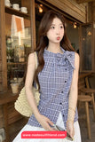 Sleeveless Vintage Plaid Elegant Bow Blouse Shirt