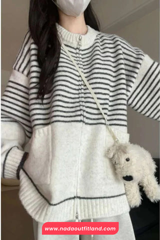 Long Sleeve Striped Style Zipper Cardigan Sweater