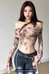 Long Sleeve Roses Pattern Off Shoulder Flare Shirt