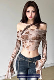 Long Sleeve Roses Pattern Off Shoulder Flare Shirt