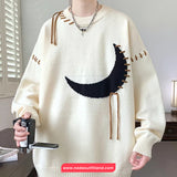Long Sleeve O-Neck Crescent Moon Embroidered Men Sweater
