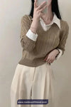 Two Piece Style Collar Shirt V-Neck Sweater