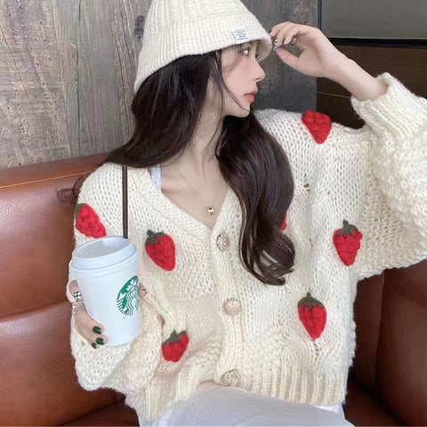 Loose Strawberry Pattern Knitted Cardigan Sweater