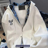 Loose Hooded Plaid Sided Retro Bow Sweatshirt