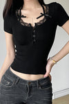 Short Sleeve Cute Bow Lace Trim Shirt