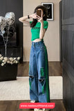 High Waist Green Ripped Hole Jeans Pants