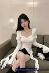 Long Sleeve Square Collar Ruffled Sexy Cropped Shirt