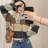 V-Neck Drawstring Striped Knitted Sweater