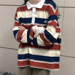 Turn Down Collar Retro Striped Sweatshirt
