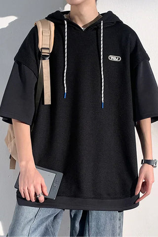 Short Sleeve Two Style Hooded Waffle Shirt