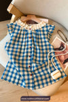 Short Sleeve Lace Collar Blue Plaid Floral Pattern Blouse Shirt