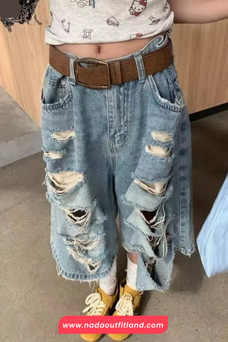 High Waist Loose Ripped Hole Denim Jeans