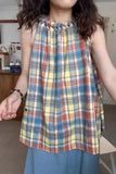 Person wearing a colorful plaid sleeveless top in an indoor setting