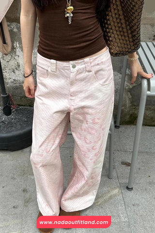 High Waist Retro Printed Long Pink Pants