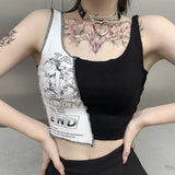 Person wearing a black tank top over a white graphic tank top with text and design.