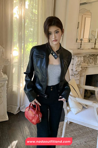 Long Sleeve Cropped Leather Black Jacket