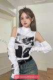 Long Sleeve Off Shoulder Printed Turtleneck Shirts