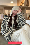 Long Sleeve Knitted Striped Hooded Cardigan Sweater