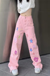 High Waist Cute Cartoon Pattern Long Jeans Pants