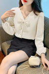 Long Sleeve V-Neck Cute Bow Blouse Shirt