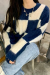 Blue Plaid O-Neck Knitted Sweater
