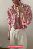 Long Sleeve Retro Striped Summer Blouse Shirt