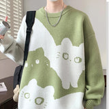 Upgrade your Grandpa Core Aesthetic with this Loose Cat Pattern O-Neck Sweater. The ultimate essential for Harajuku style outfits, whimsical animal printed knitwear trends, and cozy everyday autumn lookbooks. Featuring a flattering oversized fit and a bold retro cat motif, this pullover knit is a must-have for your Aesthetic Sweaters or Cottagecore Clothing collection.